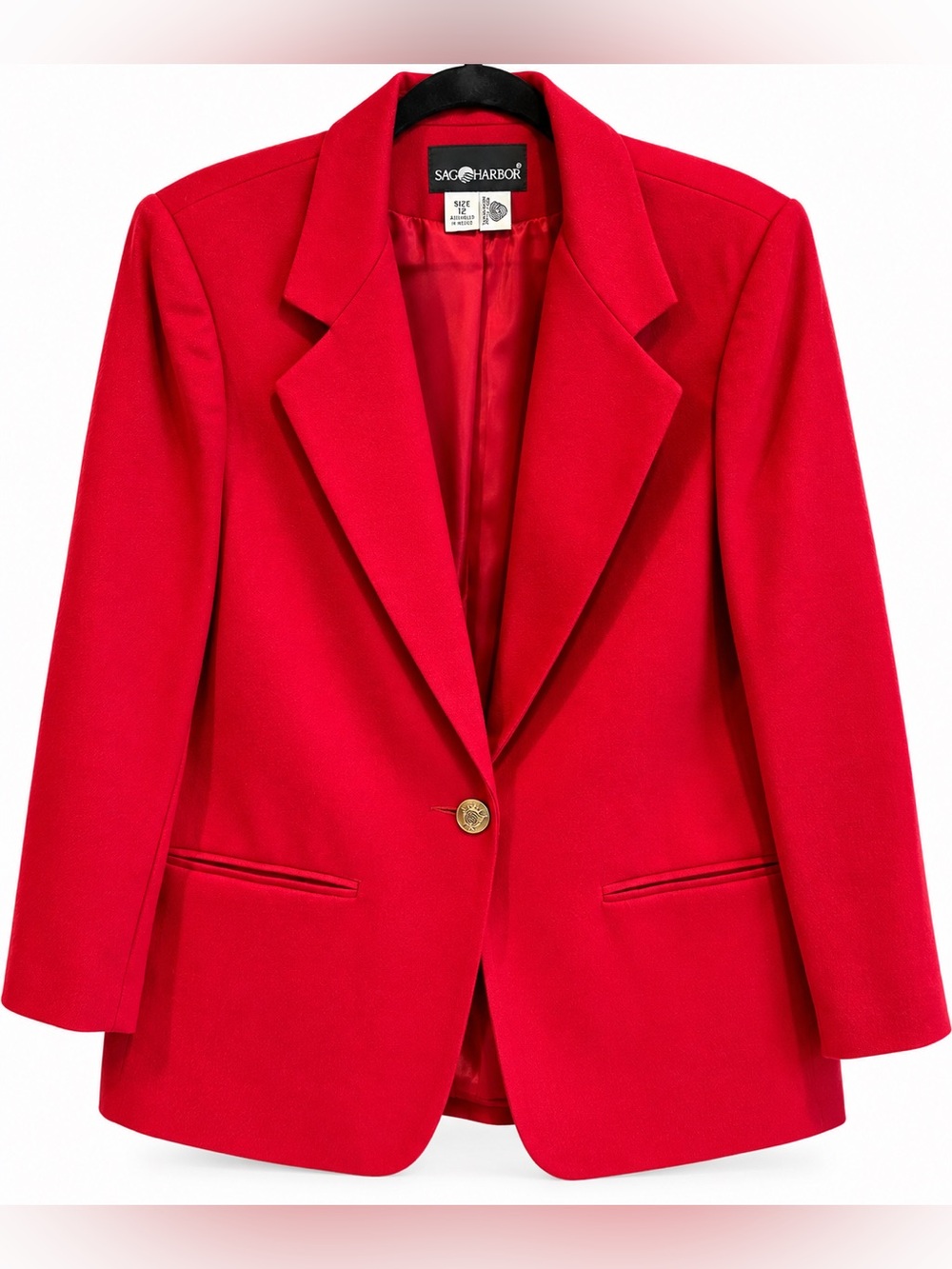 Vintage Sag Harbor Red 100% Wool Blazer Size 12 Gold Crest Button Power Blazer
